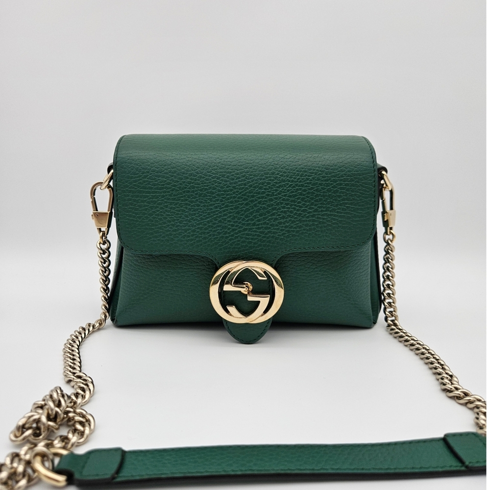 Authentic Gucci Interlocking G Leather Green #4345M